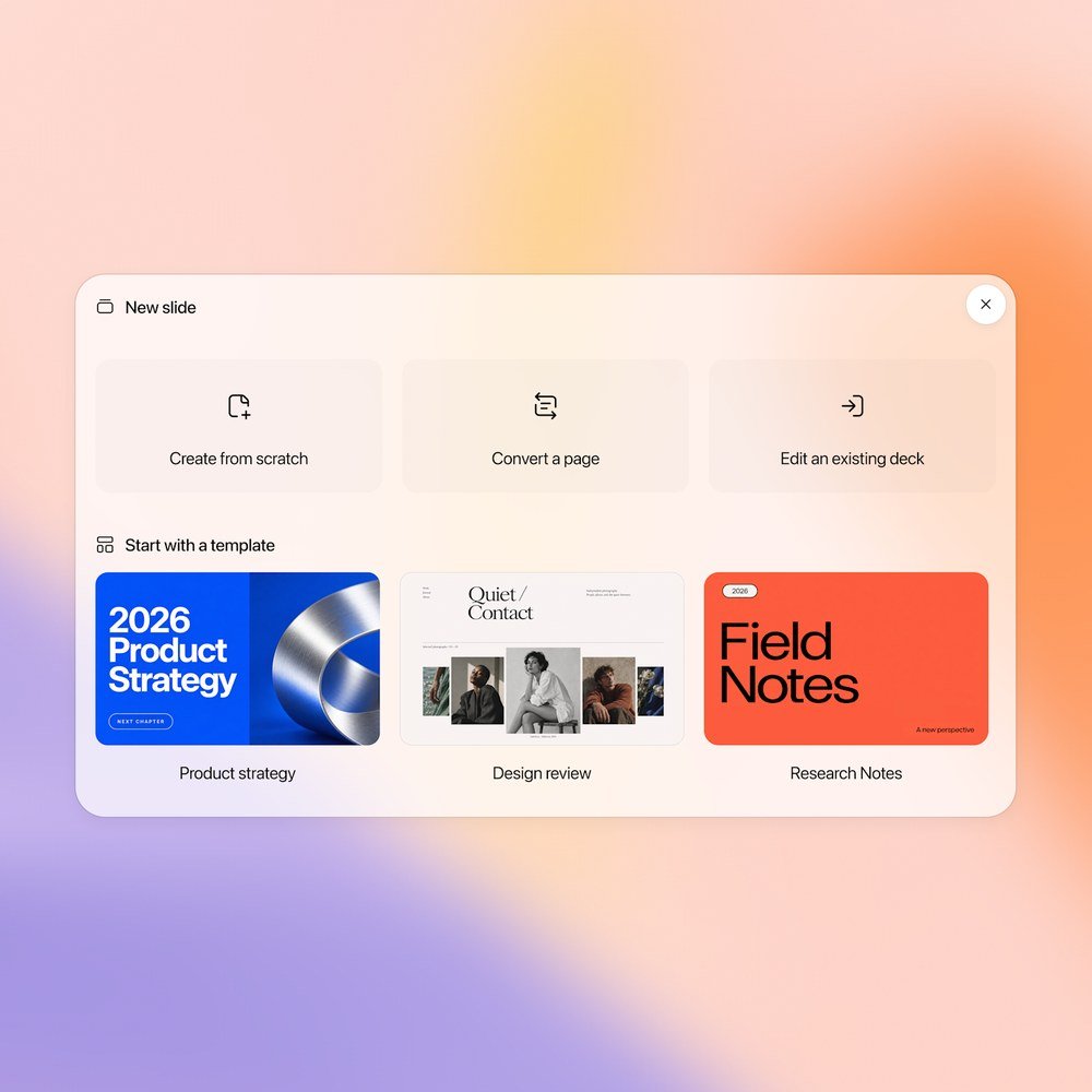 La fenêtre « New slide » de ChatGPT Slides : trois choix, Create from scratch, Convert a page et Edit an existing deck, puis trois modèles, Product strategy, Design review et Research Notes.