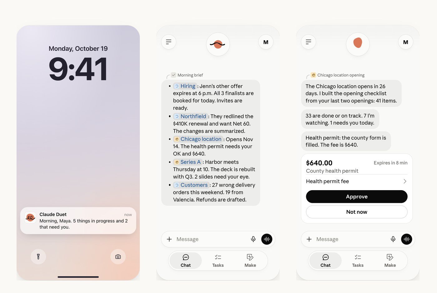 Trois écrans de la démonstration de Claude Duet sur téléphone : une notification « Morning, Maya. 5 things in progress and 2 that need you. », la liste du point du matin (embauche, contrat, ouverture d'un établissement, levée de fonds, clients), puis une demande d'approbation d'un paiement de 640 $ avec les boutons « Approve » et « Not now ».