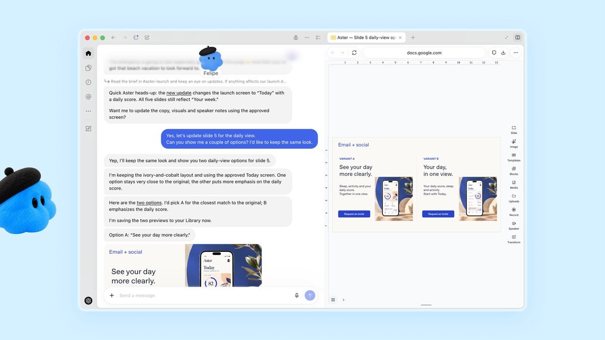 Felipe, un dot bleu coiffé d'un béret, révise les diapositives et les e-mails d'un lancement dans une présentation partagée.