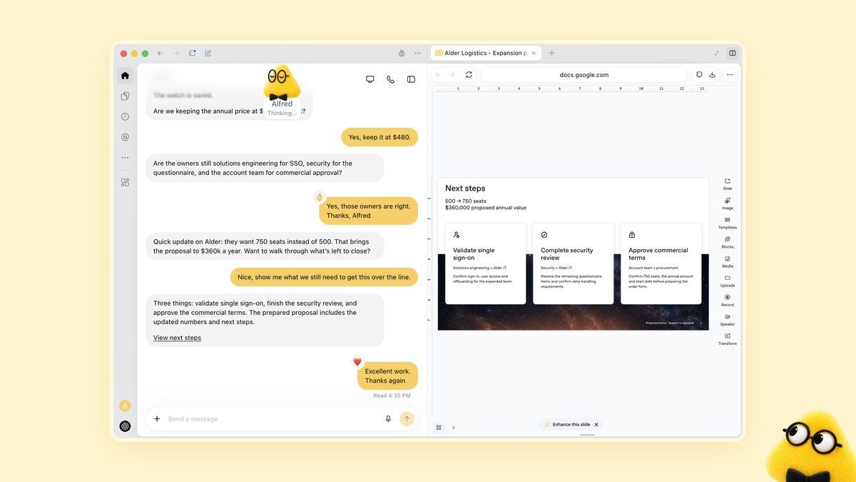 Alfred, un dot jaune, met à jour une proposition commerciale dans un document partagé et liste les prochaines étapes à valider.