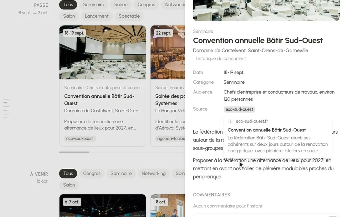 Une veille de marché lue dans l'application, avec la fiche d'un événement et sa source (données de démonstration)