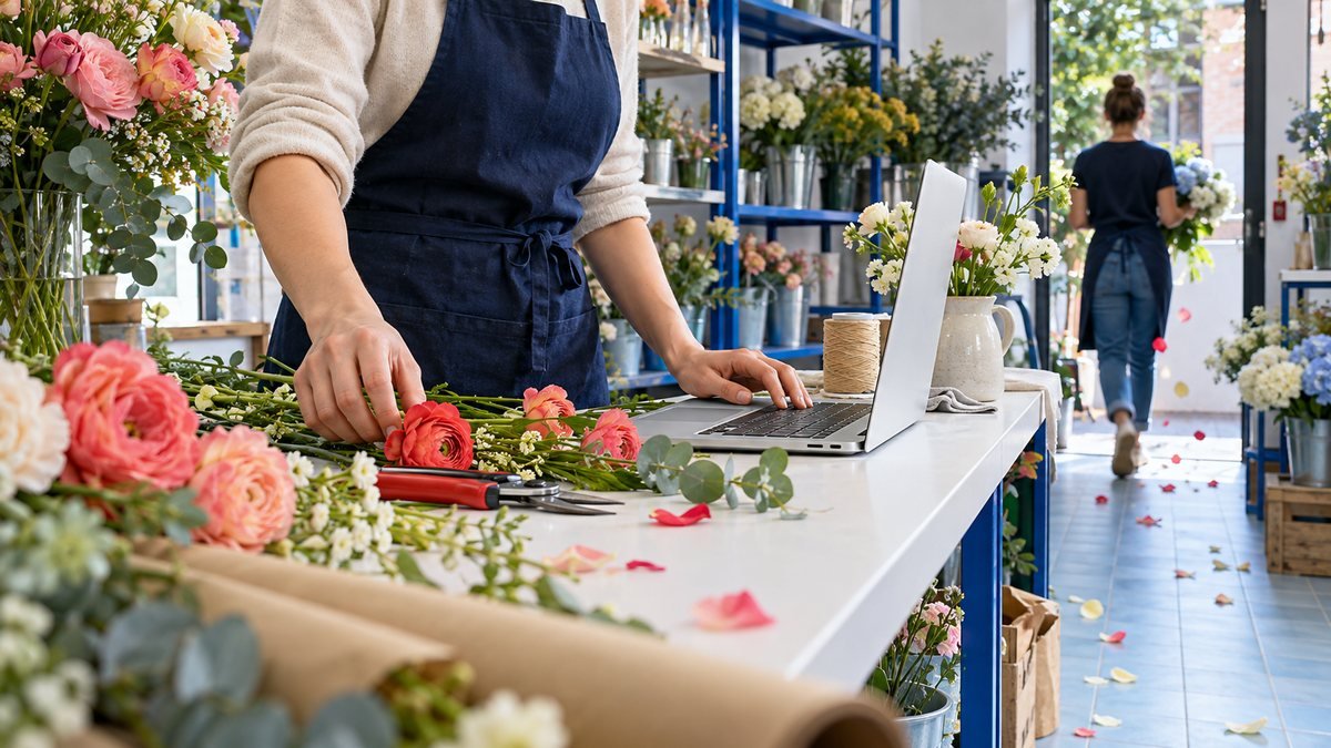 Dans l'arrière-boutique lumineuse d'un fleuriste toulousain, des mains tapent sur un ordinateur portable près de renoncules rouges : Claude Code, accessible à un dirigeant qui ne sait pas coder.