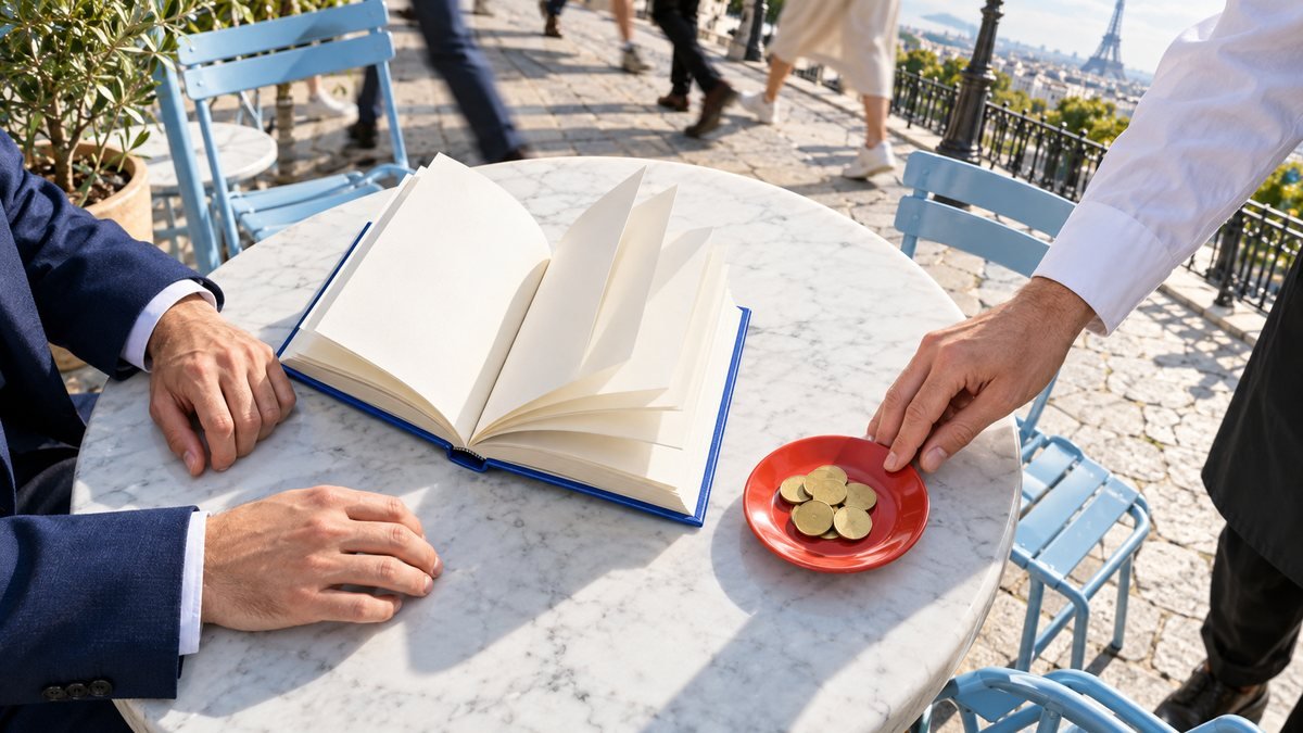 Vue plongeante sur une table de café : un serveur glisse une soucoupe de pièces vers le livre ouvert d'un consultant, comme l'usage payé en plus de Claude Pro.
