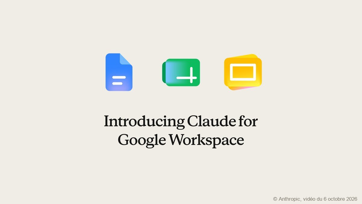 Image de la vidéo de présentation d'Anthropic : les icônes de Google Docs, Sheets et Slides au-dessus du titre « Introducing Claude for Google Workspace », sur fond beige.