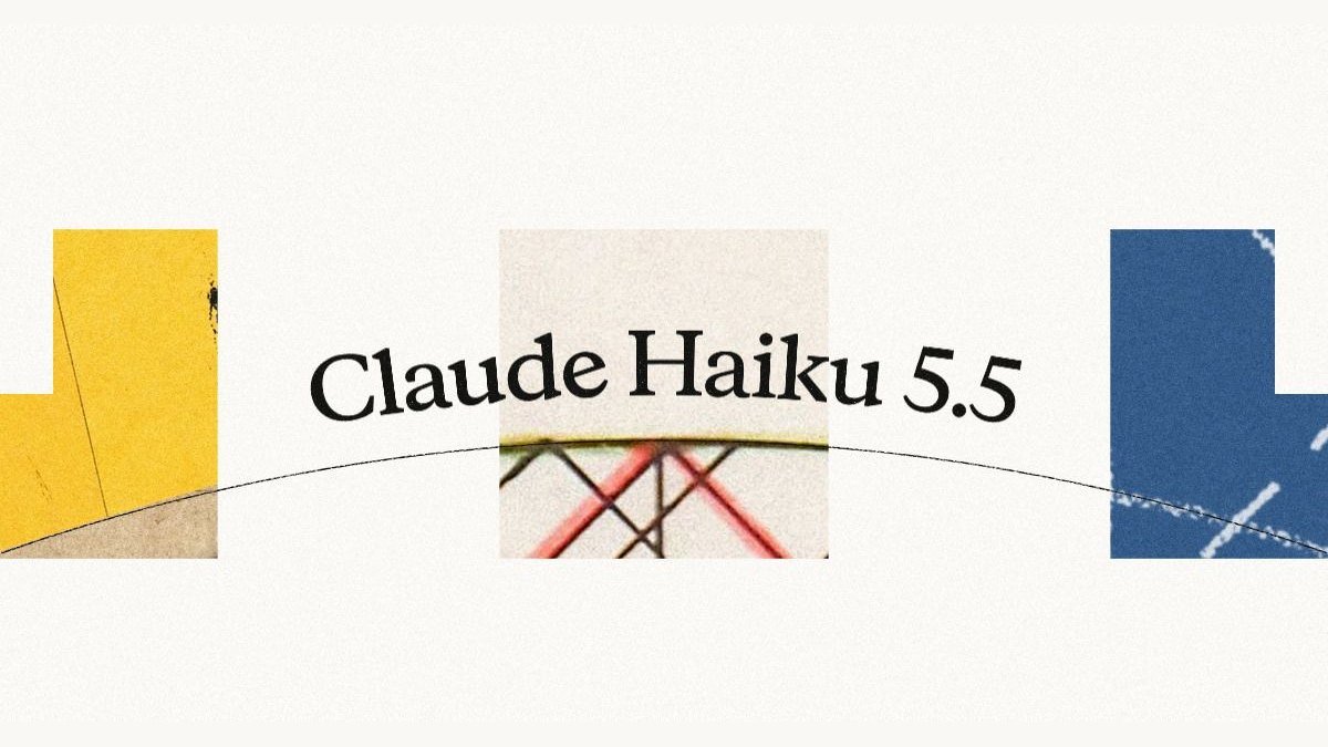 Visuel de l'annonce d'Anthropic : « Claude Haiku 5.5 » en lettres noires sur une ligne courbe, devant trois panneaux de collage jaune, beige et bleu, sur fond crème.