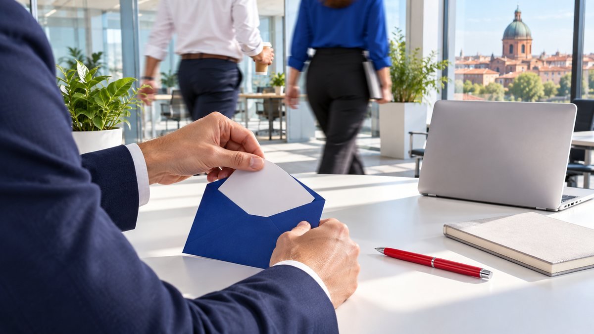 Au premier plan, une main glisse une carte manuscrite dans une enveloppe bleue pendant que des collègues passent : la prospection reste un geste humain.