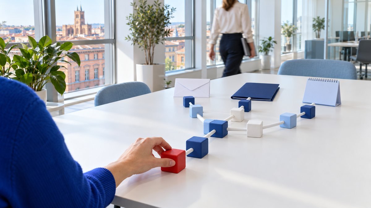 Dans un bureau lumineux de Toulouse, une main emboîte un bloc rouge au bout d'une chaîne de blocs bleus qui se divise vers une enveloppe, un dossier et un agenda : un agent IA construit pas à pas dans n8n et relié à vos outils.