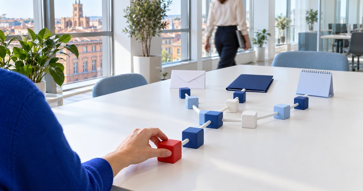 Illustration du tutoriel&nbsp;: une main assemble une chaîne de cubes bleus et rouges sur une table de réunion