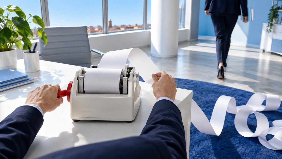 Dans un bureau blanc et bleu ciel à Toulouse, des mains tirent une bande de papier d'une machine à calculer, symbole de la hausse des prix de l'API DeepSeek.