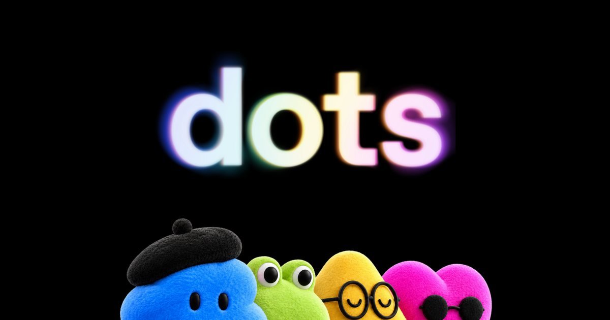 Visuel d’OpenAI pour les dots : le mot « dots » en lettres lumineuses au-dessus de quatre personnages en peluche colorés