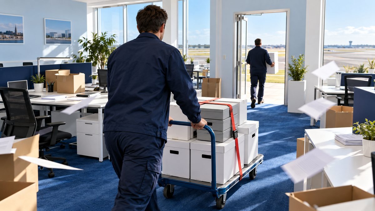 Bureau vidé face à une piste d'aéroport : un déménageur de dos emporte cartons d'archives et disques durs, image des données de Spirit Airlines vendues à Google.
