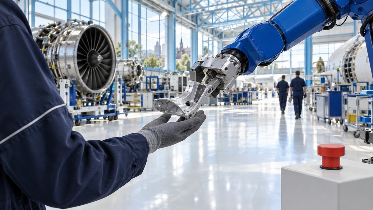 Dans un atelier aéronautique lumineux, un bras robotisé bleu dépose une pièce d'aluminium dans la main gantée d'une opératrice, à portée d'un bouton d'arrêt d'urgence rouge : la machine agit, l'humain garde la main.