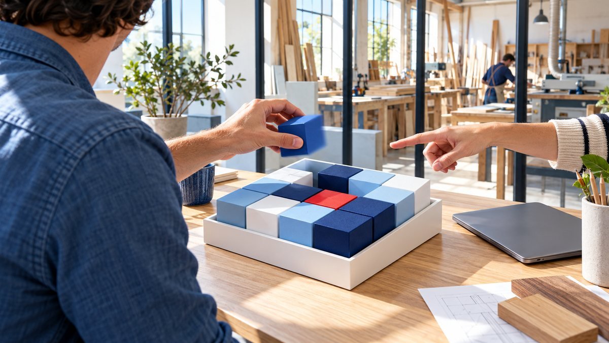 Vue de dos, une personne sort un cube bleu d'un plateau de cubes emboîtés, sur le bureau d'une petite entreprise artisanale.