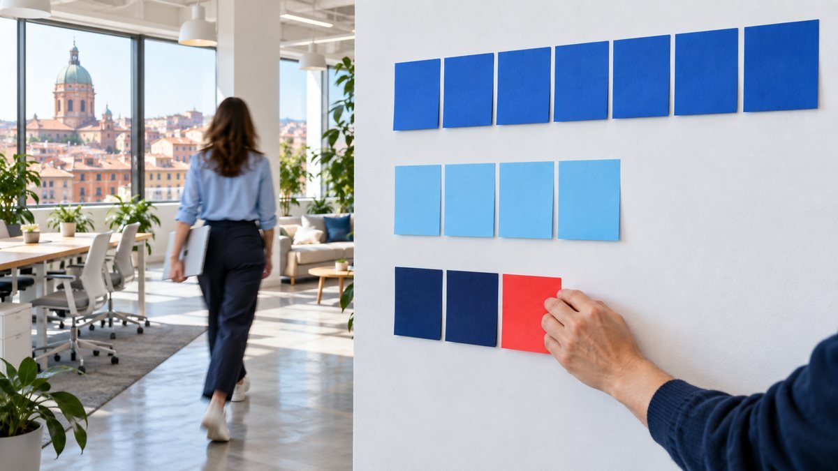 Main posant un post-it corail au bout de la plus courte de trois rangées de post-it bleus, dans un bureau lumineux de Toulouse, pour comparer Power Automate, Make et n8n.