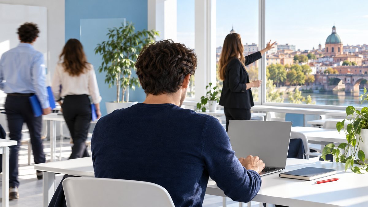 Dans une salle de formation lumineuse, un participant vu de dos travaille devant son ordinateur pendant qu'un formateur, de profil, fait un geste vers la fenêtre.