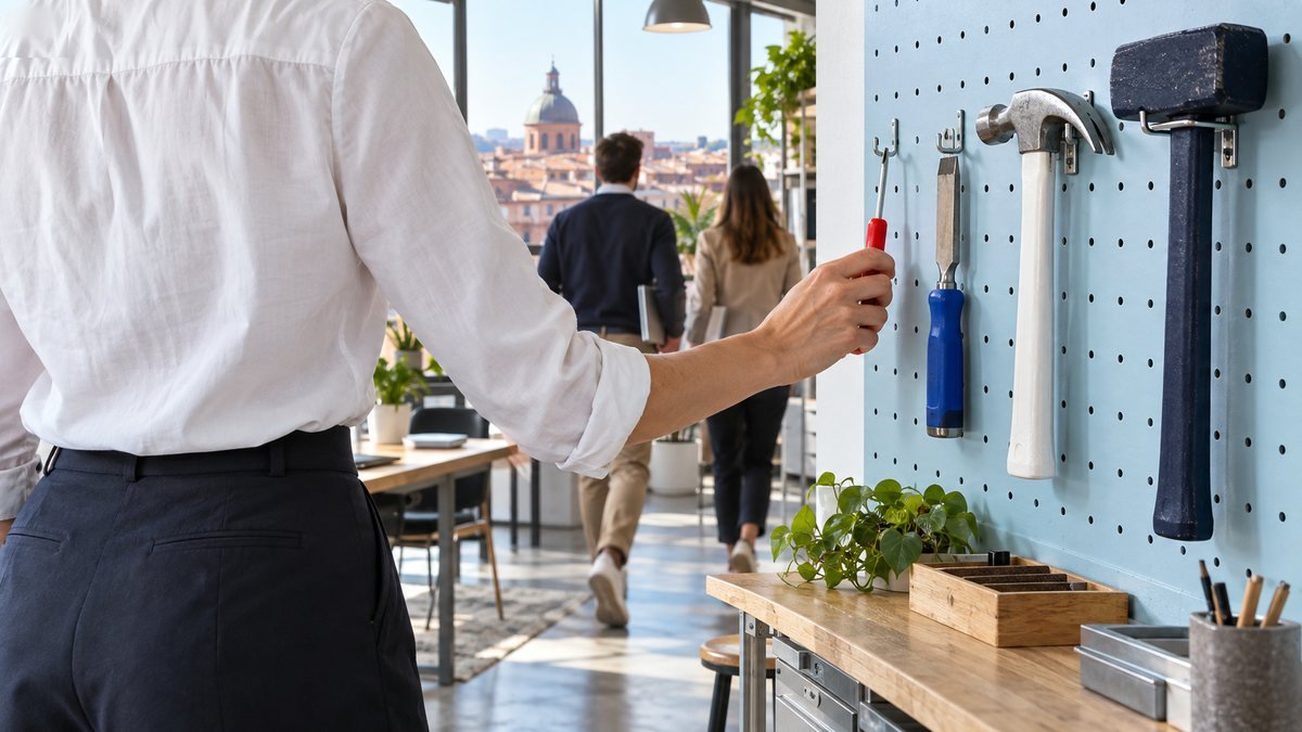 Dans un bureau lumineux de Toulouse, une main décroche le petit tournevis rouge d'un panneau où pendent des outils de plus en plus gros, jusqu'à une masse : choisir le modèle d'IA adapté à la tâche, pas le plus gros.