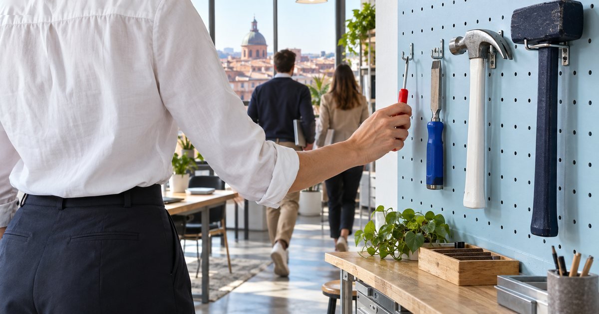Illustration du guide&nbsp;: un homme choisit un outil sur un panneau mural, dans un bureau