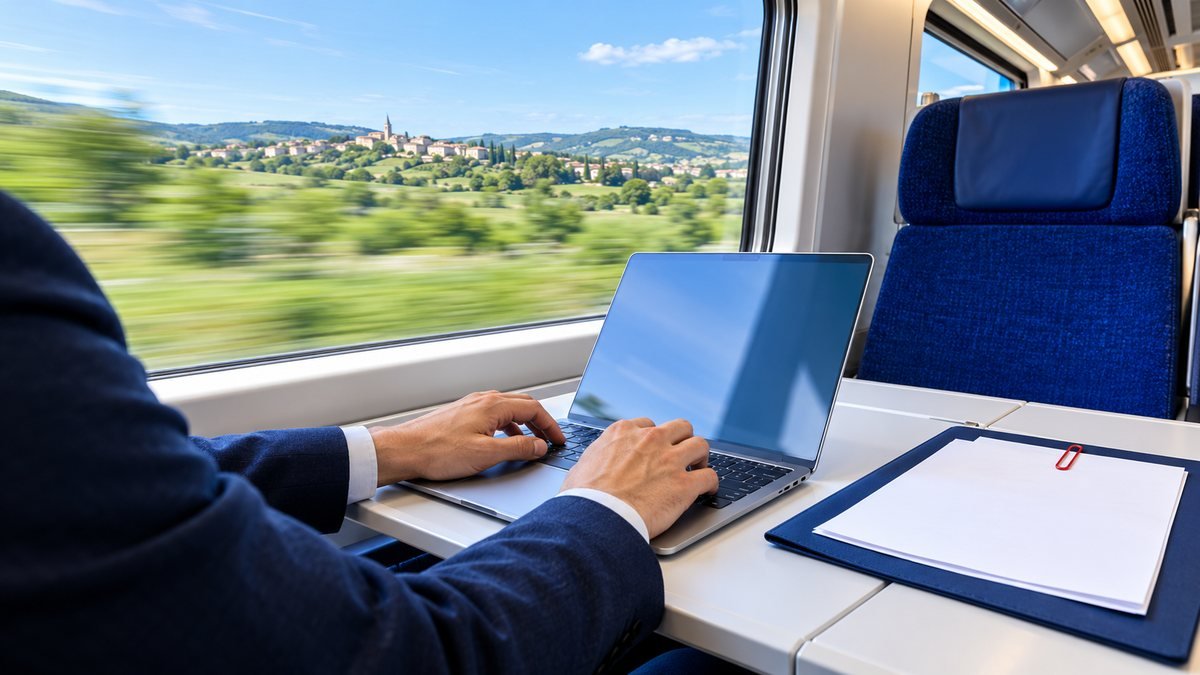 Dans un TGV lancé à pleine vitesse, vue par-dessus l'épaule d'une personne qui travaille sur un ordinateur portable fin, un dossier bleu nuit ouvert à côté, devant la campagne qui défile.