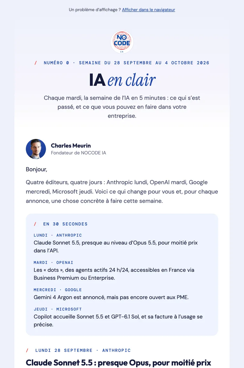 Haut du numéro 0 d'IA en clair : le mot de Charles Meurin et l'essentiel de la semaine en 30 secondes