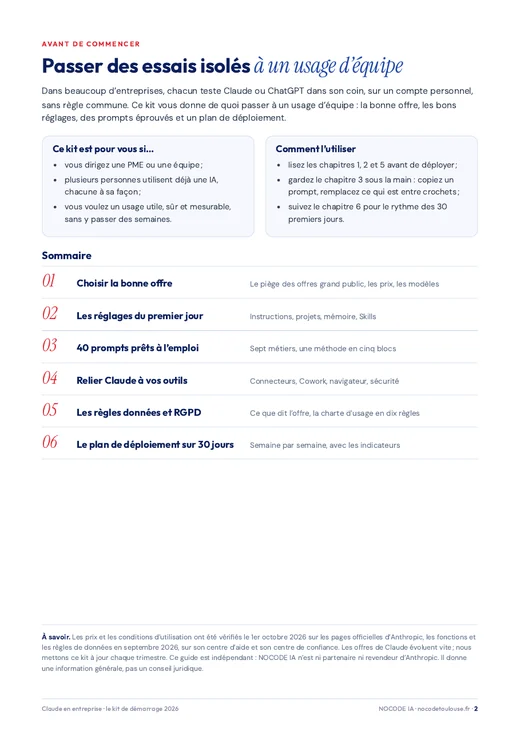 Page « Avant de commencer » et sommaire du kit
