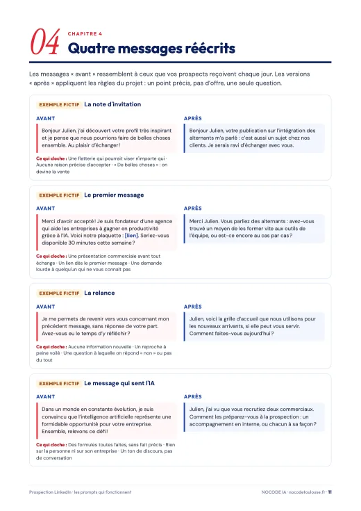 Quatre messages de prospection réécrits, avant et après