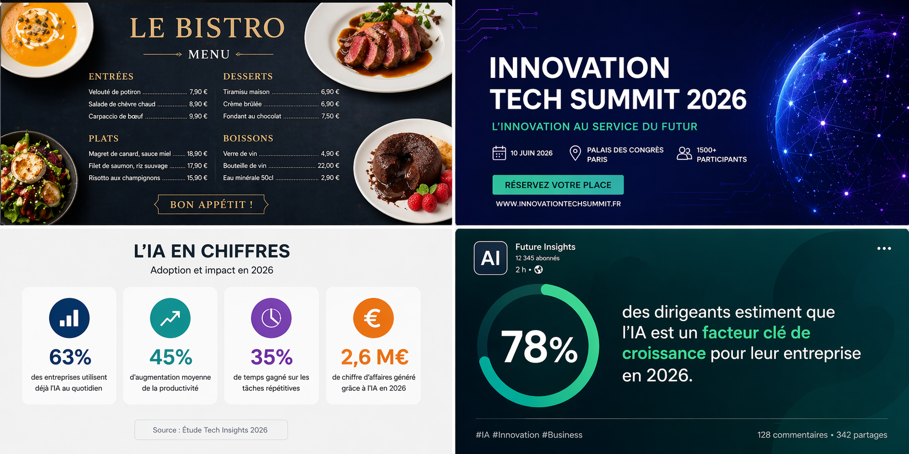 4 exemples de génération avec ChatGPT Images 2.0 : menu, affiche, infographie, post LinkedIn
